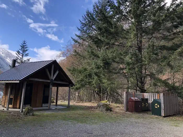 Vault toilets, recycling and trash collection at Gorge Lake Campground