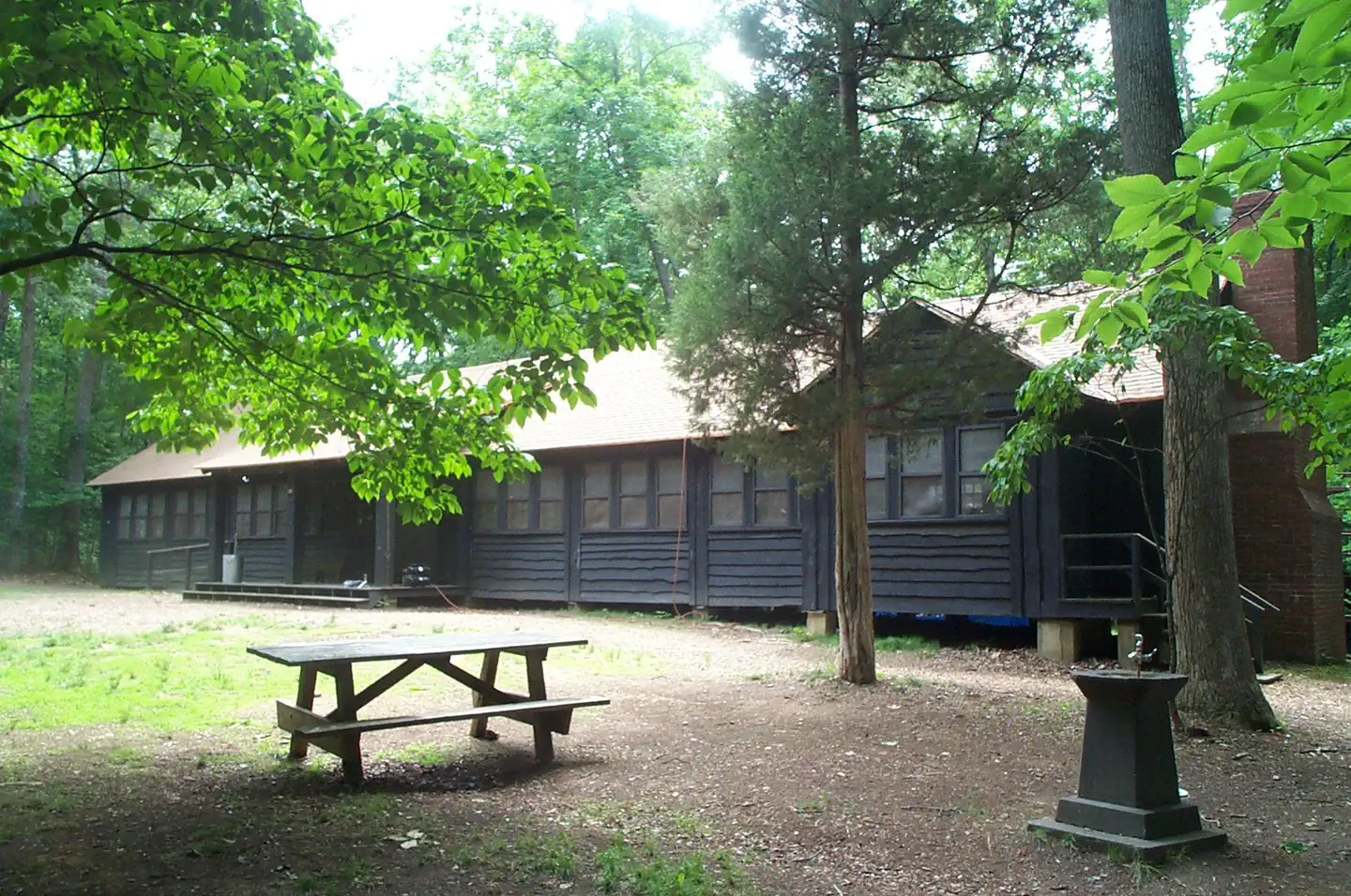 A picnic table under the shade of trees on the grounds of Cabin Camp 3