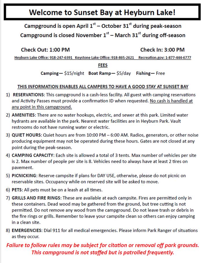 Sunset Bay rules and information