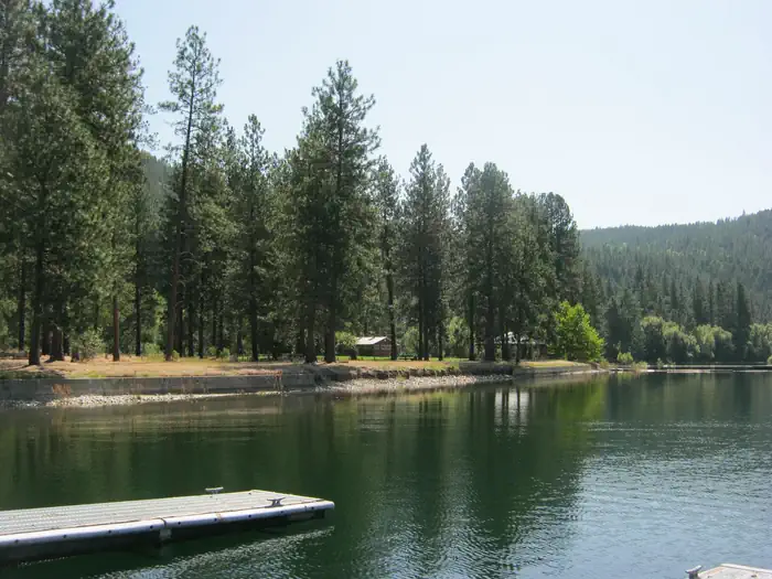 The photo shows a calm lakeshore lined with tall pines and a small dock in the foreground, with forested hills rising in the background.