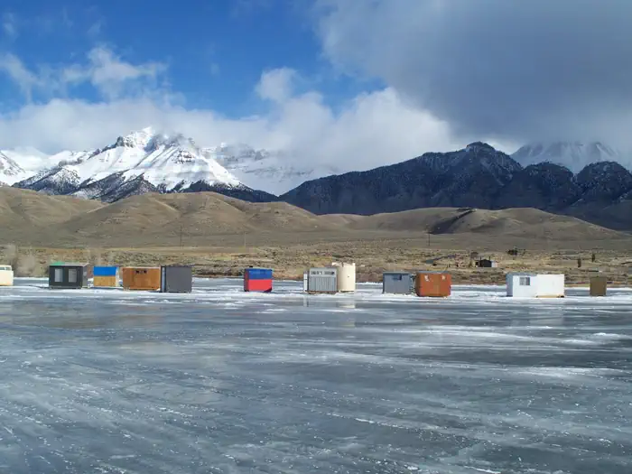 Ice fishing huts on the reservoir.