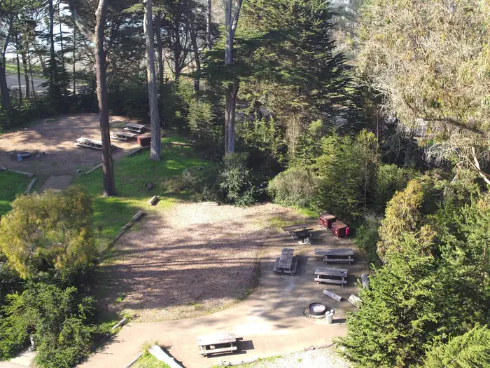 Two campsites surrounded by trees