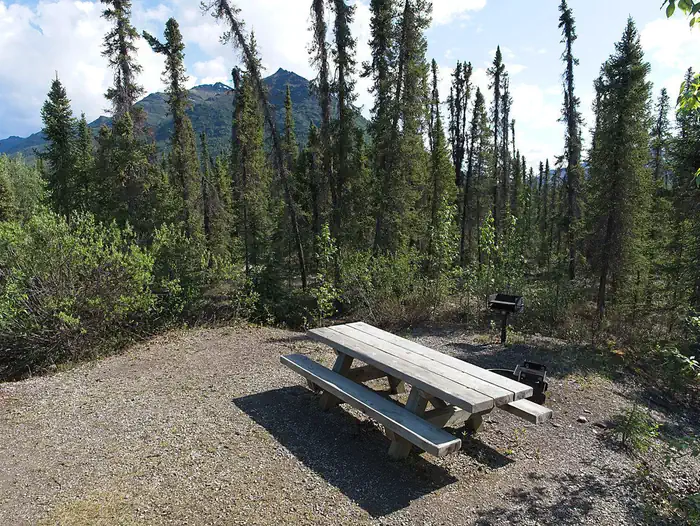 Marion Creek Campground campsite with picnic table and fire ring.