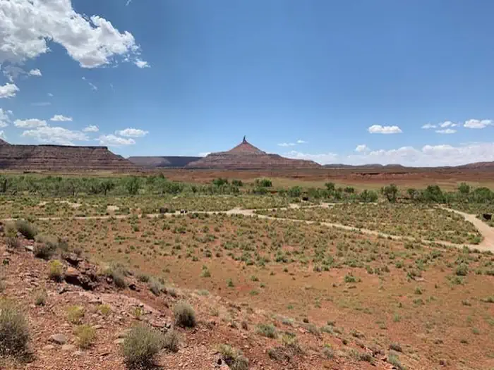 view of the desert campground with a ribbon of cottonwood trees