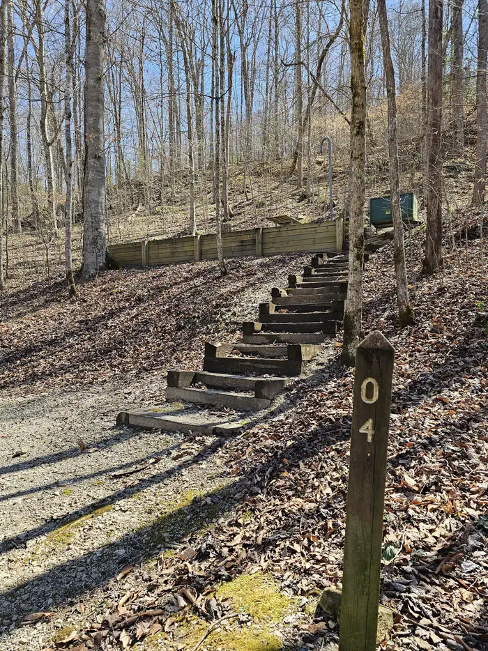 A brown post with number 4 stands below steps that lead up to the campsite.