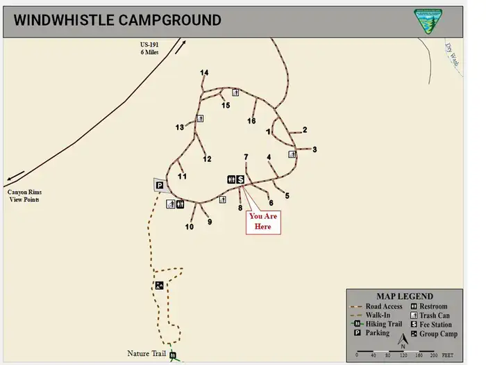 A map showing the layout of the Windwhistle campground including the parking and trail to the group site and nature trail.