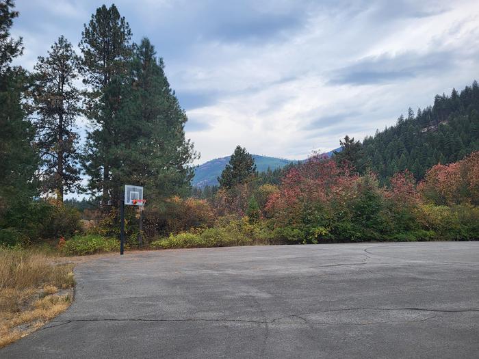 Boat ramp parking and basketball hoop