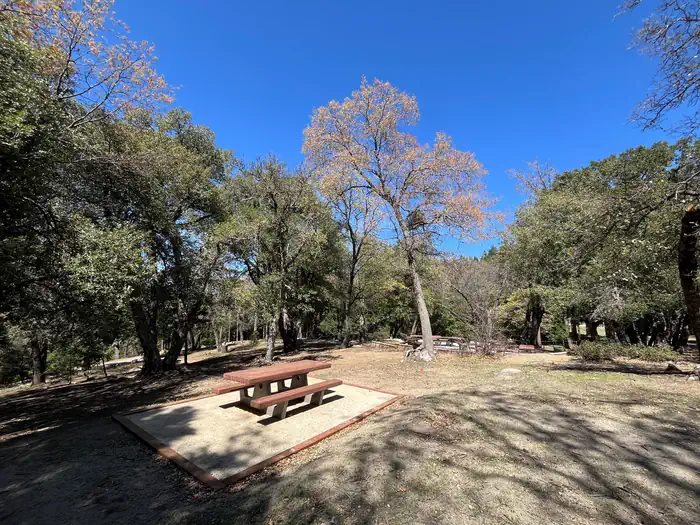Picnic table on slope.