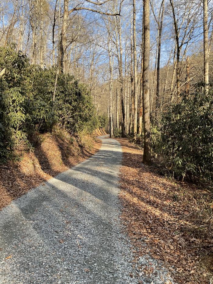 One lane gravel road between entrance gate and group site field