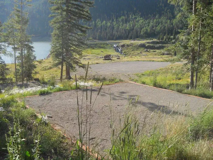 Tent pad for the group site viewing lake.