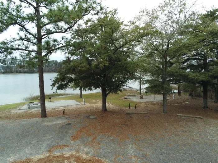 Two primitive campsites with parking in foreground and lake in background.