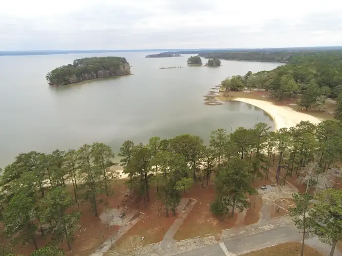 Aerial view of Cottonhill Campground looking over campsites in foreground to Walter F. George Lake in background.