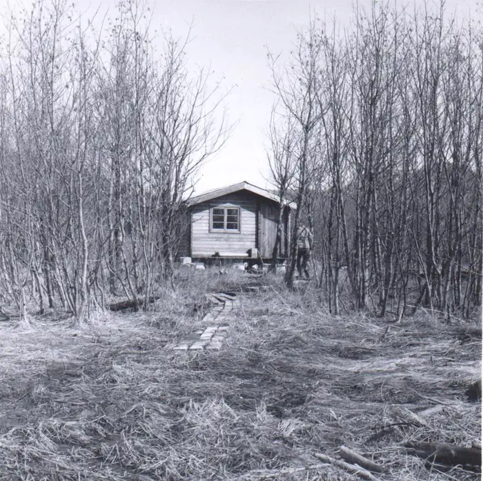 Black and white photo of Koknuk Cabin with leafless trees surrounding it