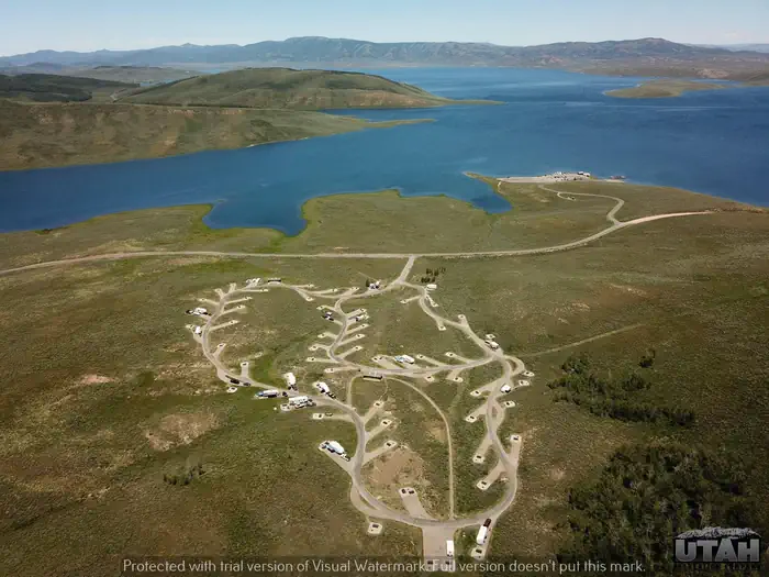 Drone photo of a campground by a lake