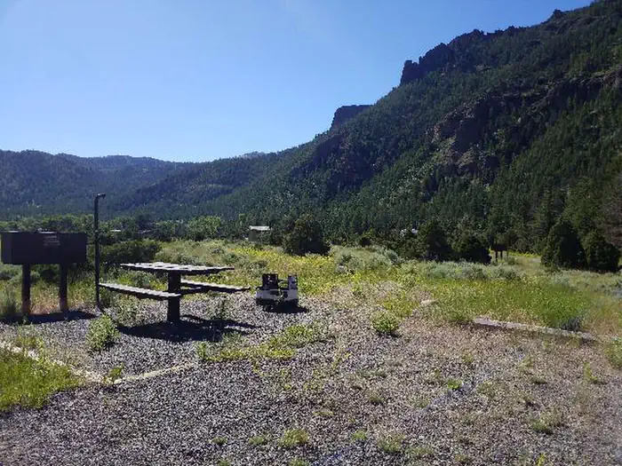 Rex Hale Campground Site 10, picnic table, fire ring, bear box, mountains in background
