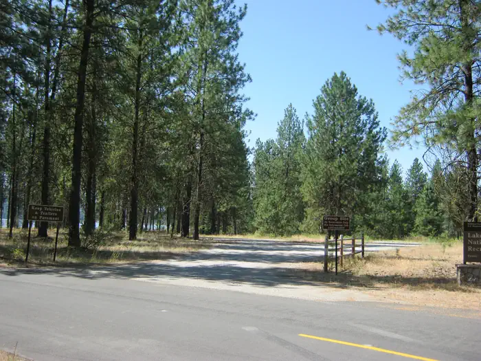 The photo shows a gravel parking area in a pine forest with a wooden fence and a sign reading “Group Site”