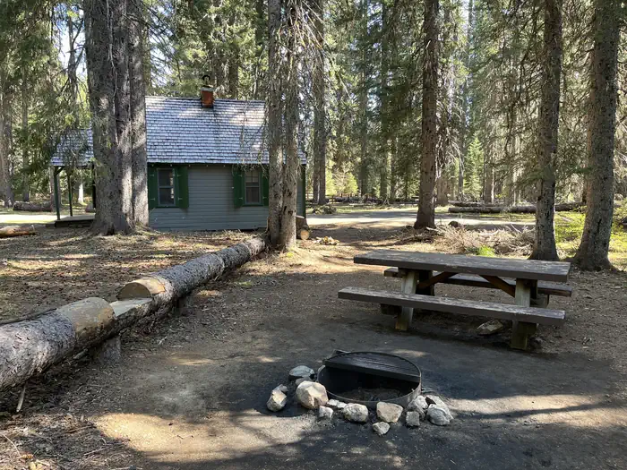 Rental cabin, picnic table, and fire ring