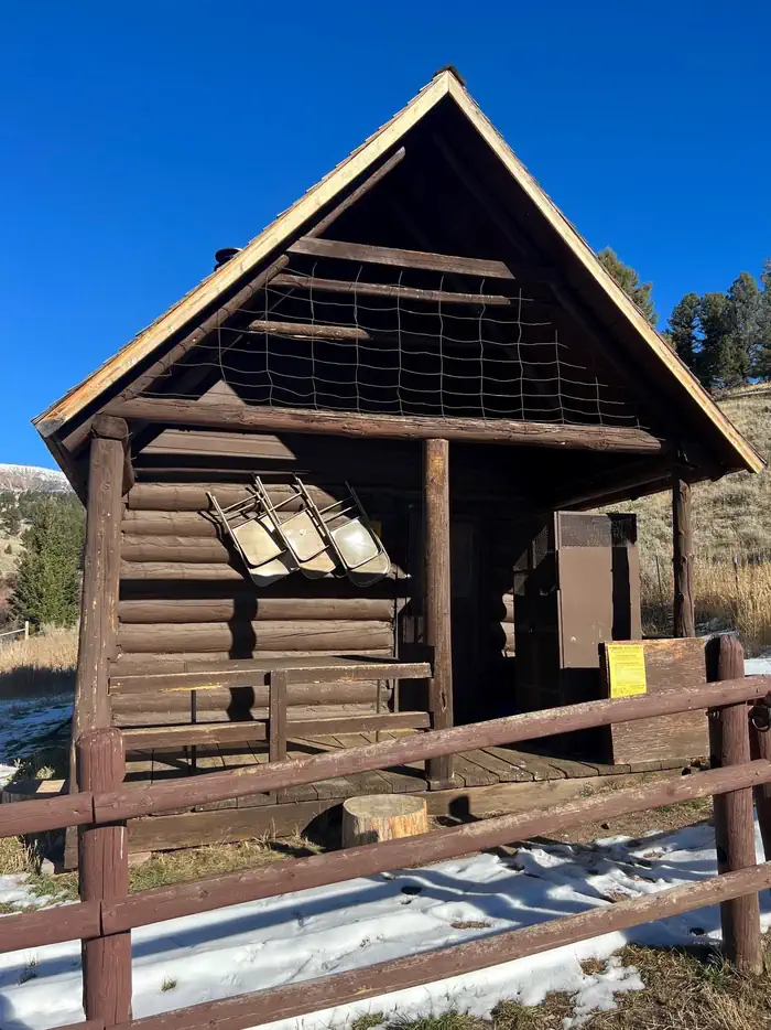 Brown Cabin with snow on the ground