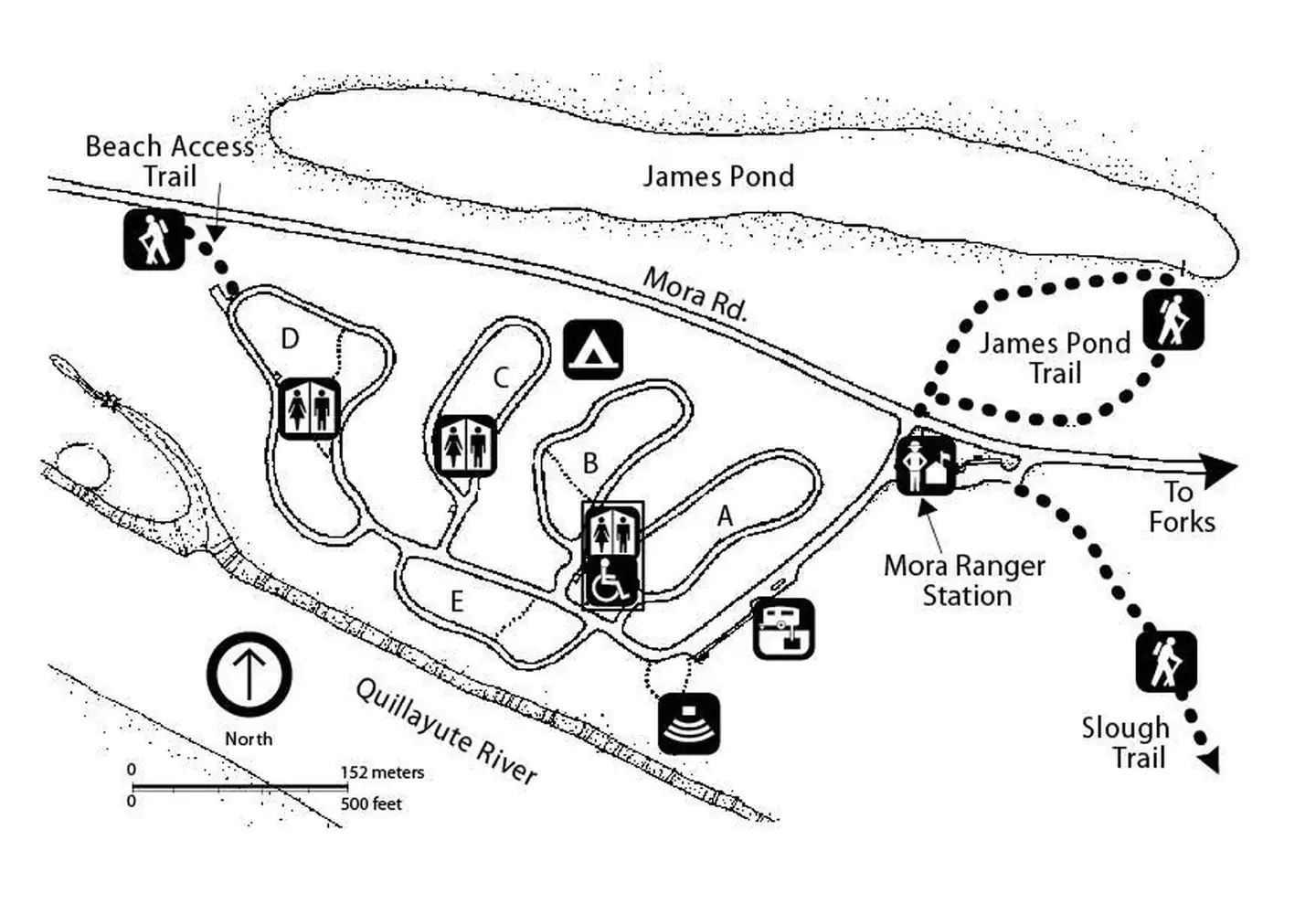 A map showing the five loops of Mora campground. Also displayed are 3 short trails, campground amenities, the Mora Road and the Quillayute River.