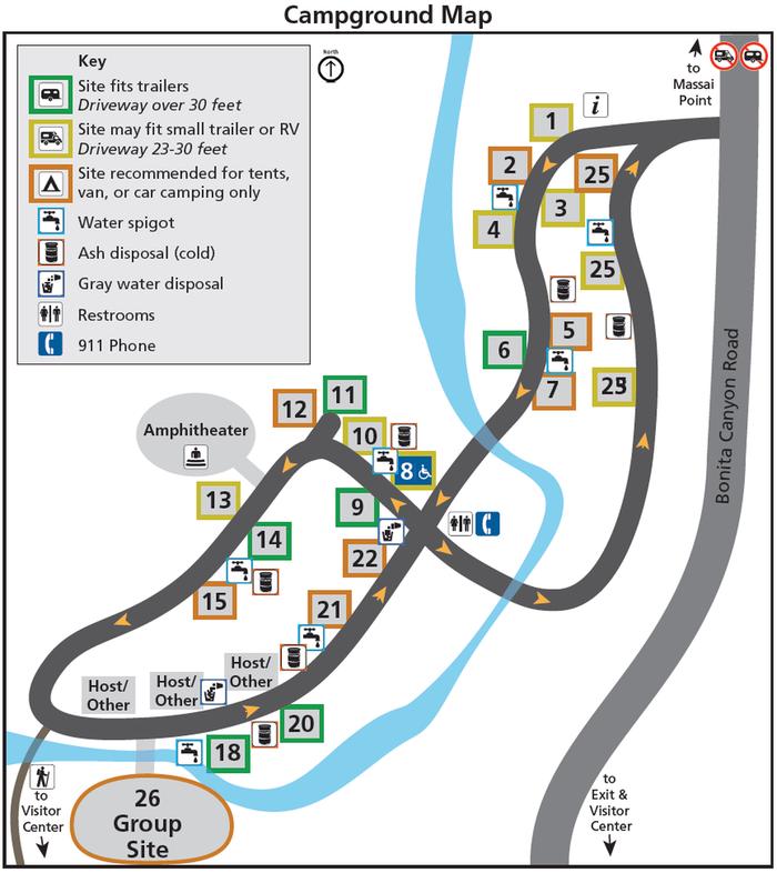 campground map shows sites color-coded by size