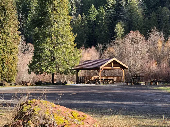 Toketee Group Site; flat site with pavillion, picnic tables and barbeque.