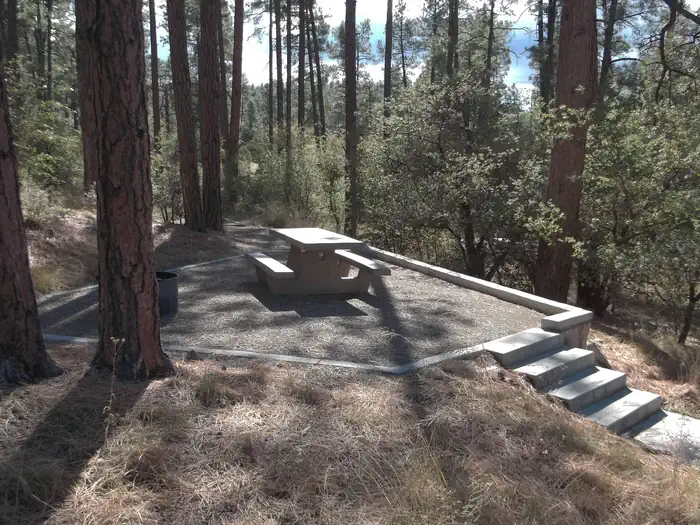 White Spar Campsite with table and fire ring on raised rock walled platform