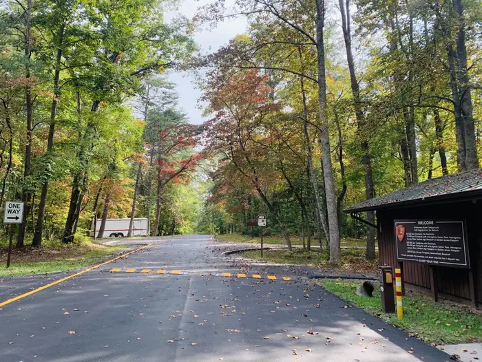 A blacktop road with trees near and a brown building to the right.