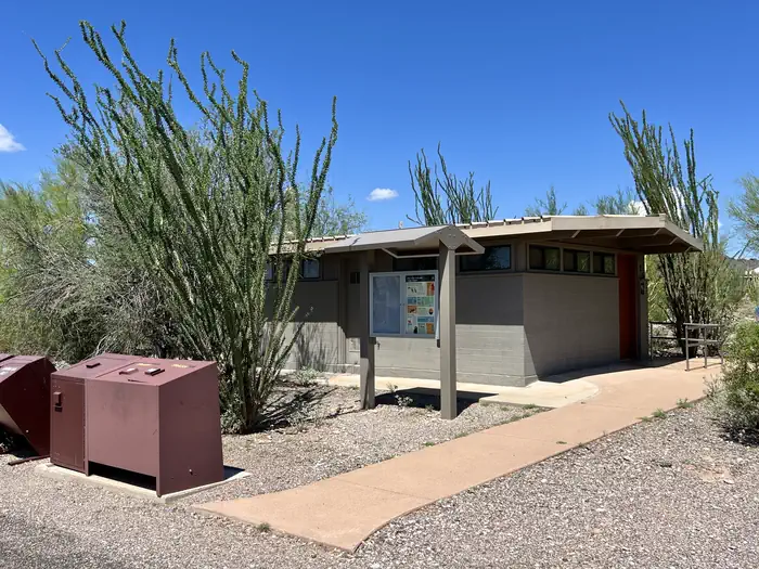 One bathroom at TWIN PEAKS CAMPGROUND with garbage receptacles and an ocotillo.