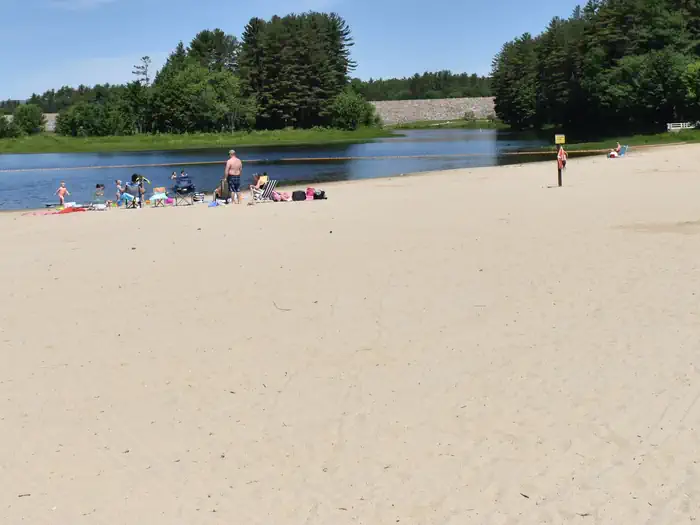 A group of visitors enjoying the Elm Brook Park beach on a clear summer day.