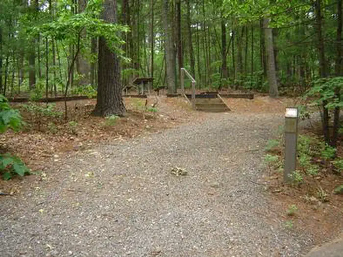 Campsite parking spur with steps that lead to the camping area and barbeque.