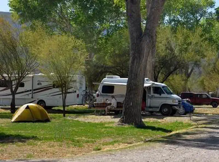 Travel trailer set up in the tree-lined campground