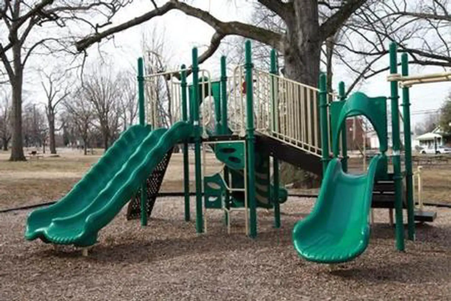 Two green slides at the Fort Dupont Park playground