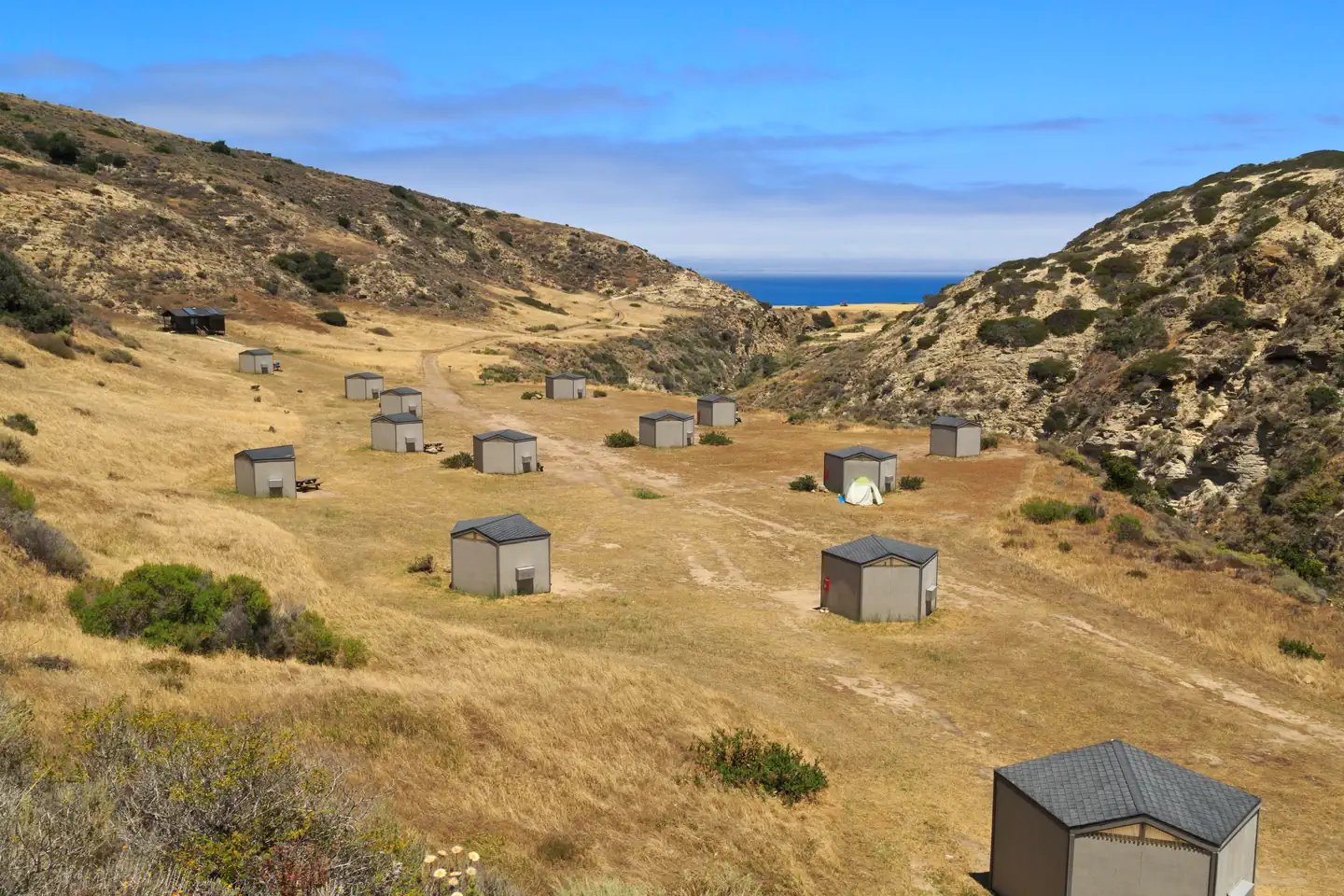 Eight foot tall wind shelters on a dry, grassy terrace overlooking the ocean.